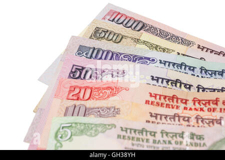 A variety of Indian rupee notes isolated on a white background. Stock Photo