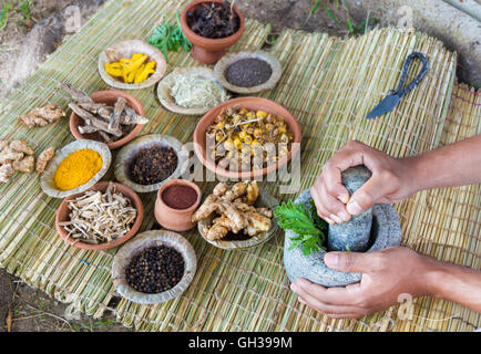 A young Indian doctor preparing traditional ayurvedic, herbal, medicine. Stock Photo