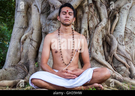 A young Hindu man sits in meditation under a banyan tree. Stock Photo