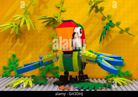 Tambov, Russian Federation - July 24, 2016 Lego Parrot figure. Studio shot. Stock Photo