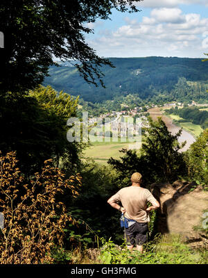 Tintern Abbey from the Devils Pulpit on the River Wye Monmouthshire UK Stock Photo