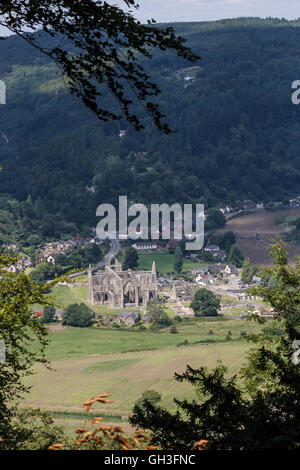 Tintern Abbey from the Devils Pulpit on the River Wye Monmouthshire UK Stock Photo