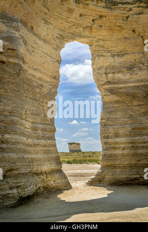 a keyhole in chalk formations at Monument Rocks National Natural Landmark in Gove County, western Kansas Stock Photo