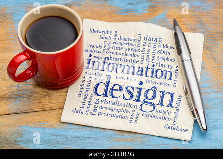 information design word cloud - handwriting on a napkin with a cup of coffee Stock Photo