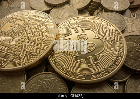 Photo Golden Bitcoins, new virtual money Stock Photo