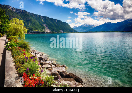 Lake Geneva Scewnic View From Monreux, Vaud Canton, Switzerland Stock Photo