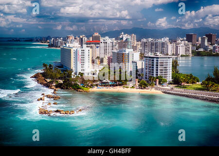 High Angle View of a Shoreline with Hotels and a Beach, Condado, San Juan, Puerto Rico Stock Photo