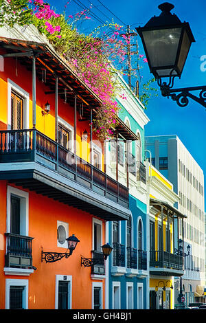 Low Angle View Of Colorful Spanish Colonial Houses, San Juan, Puerto Rico Stock Photo