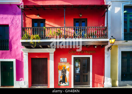 Close Up Frontal View of a Colorful Spanish Colonial Style House, Calle San Sebastian, Old San Juan, Puerto Rico Stock Photo