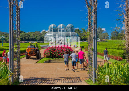 CURITIBA ,BRAZIL - MAY 12, 2016: entrance to the botanical garden of curitiba and the glass palace as background Stock Photo