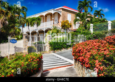 Low Angle View of a Colonial House  Villa Notman, Charlotte Amalie, St Thomas, US Virgin Islands Stock Photo