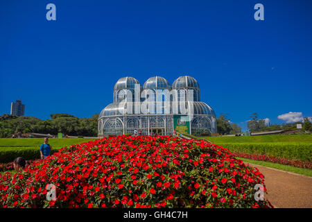 CURITIBA ,BRAZIL - MAY 12, 2016: nice view of the greenhouse, it is a metallic structure surrounded by geometrical gardens Stock Photo