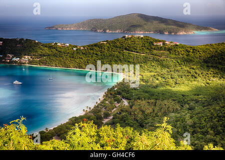 High Angle View of a Calm Caribbean Bay and Island, Magens Bay, St Thomas, US Virgin Islands Stock Photo