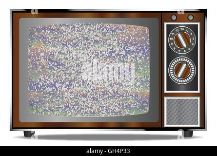 An old wood surround television receiver over a white background with a static screen Stock Vector