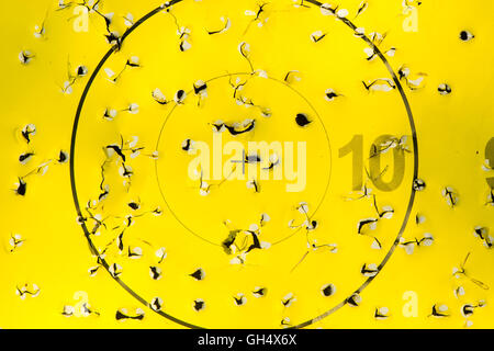 Bullseye of archery target with arrow holes. Gold central ares of competition target marked where arrows have penetrated Stock Photo