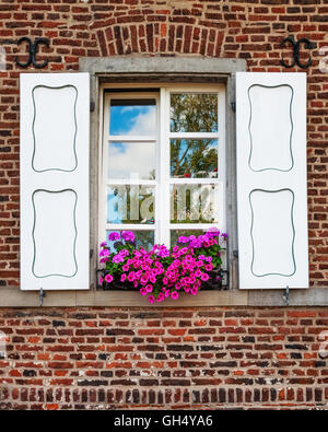 Window with white shutters, pink geranium and petunia flowers on ancient brick wall Stock Photo