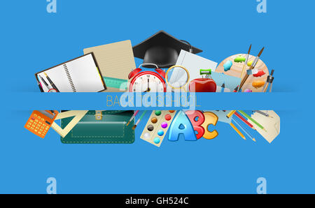 school items background, education workplace accessories Stock Photo