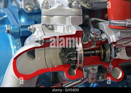 Car engine turbo charger. Gasoline powered turbo charger. Stock Photo