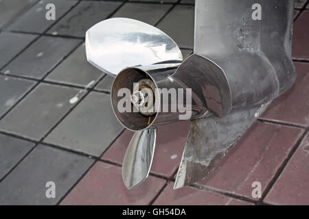 New boat engine propeller. New ship engine propeller. Stock Photo