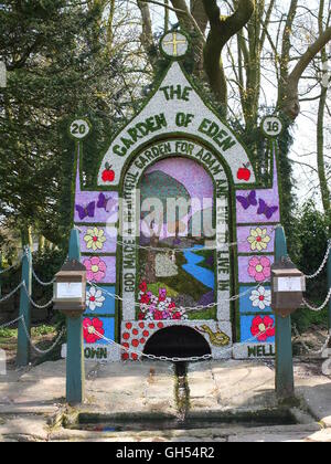 The 2016 well dressing depicting 'The Garden of Eden' at the Town Well, Tissington, Derbyshire. Stock Photo