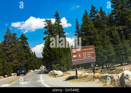 A signpost at Yosemite National Park along Highway 120 the Tioga Pass road. Stock Photo