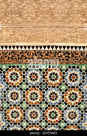 geography / travel, Morocco, wall mosaic in the patio of the Medersa Ben Youssef (madrassa) in the Madinah (old town) of Marrakech, Africa, Additional-Rights-Clearance-Info-Not-Available Stock Photo