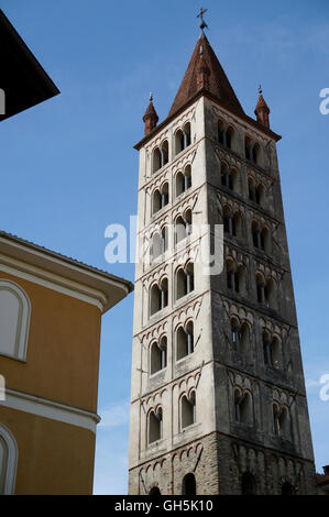 the bell tower of St. Stephen (XI century) (Santo Stefano), Biella, Piedmont, Italy Stock Photo