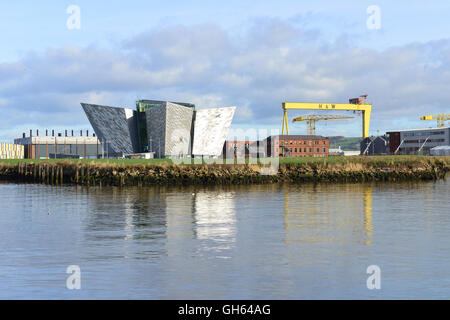 View of the Titanic building with the Harland and Wolff cranes, Belfast Stock Photo