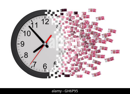 Time Is Money. Clock Falling Apart To Chinese Yuans. 3D Illustration. Stock Photo