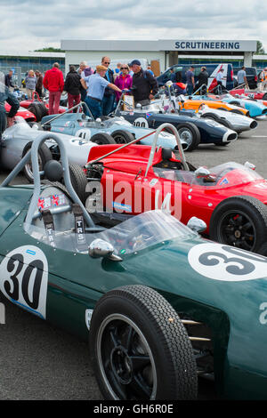 Formula Junior racing cars lined up in the paddock at,2016 Silverstone Classic event, England, UK Stock Photo