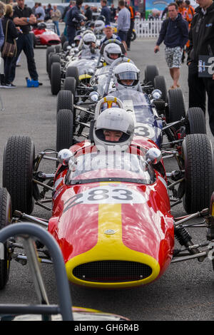 Formula Junior racing cars lined up in the paddock at the 2016 Silverstone Classic event, England, UK Stock Photo