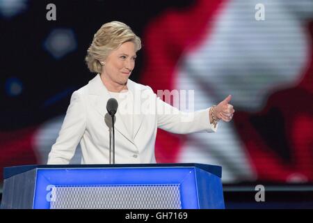 Hillary Clinton waves to supporters as she accepts the Democratic Presidential nomination during the final day of the Democratic National Convention at the Wells Fargo Center July 28, 2016 in Philadelphia, Pennsylvania.