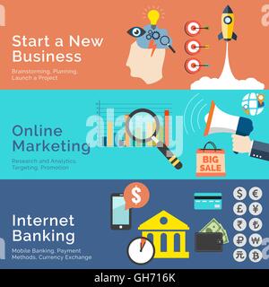 Set of flat design concepts. Start a New Business, Online Marketing and  Internet Banking. Vector Illustration Stock Vector