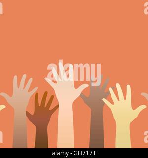 Hands raised up. Concept of volunteerism, multi-ethnicity, equality, racial and social issues. Vector illustration Stock Vector