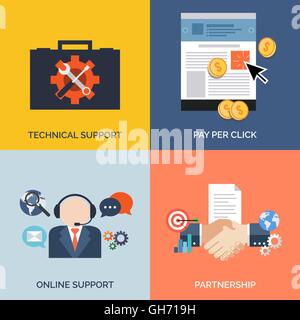 Set of flat design concept icons for business. Technical support, Pay per click, Online support and Partnership. Vector Illustra Stock Vector