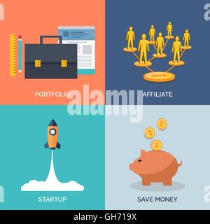 Set of flat design concept icons for business. Portfolio, Affiliate, Startup and Save Money. Vector Illustration. Stock Vector