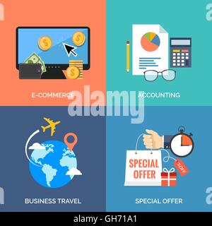 Set of flat design concept icons for business. E-commerce, Accounting, Business travel and Special offer. Vector Illustration. Stock Vector