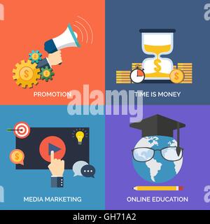 Set of flat design concept icons for business. Promotion, Time is money, Media marketing and Online education. Vector Illustrati Stock Vector