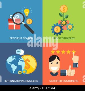 Set of flat design concept icons for business. Efficient search, Profit strategy, International business and Satisfied customers Stock Vector