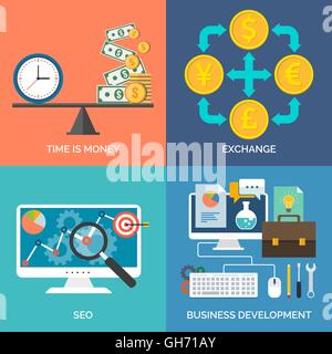 Set of flat design concept icons for business. Time is money, Exchange, SEO and Business development. Vector Illustration. Stock Vector