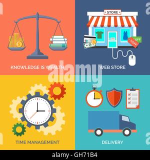 Set of flat design concept icons for business. Knowledge is wealth, Web store, Time management and Delivery. Vector Illustration Stock Vector
