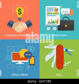Set of flat design concept icons for business. Business cooperation, Consulting, Social media and Skill. Vector Illustration. Stock Vector