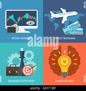 Set of flat design concept icons for business. Stock market, Ticket booking, Business strategy and Creative idea. Vector Illustr Stock Vector