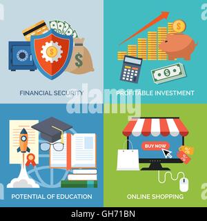 Set of flat design concept icons for business. Financial security, Profitable investment, Potential of education and Online shop Stock Vector