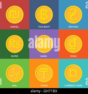 Flat Golden Coins. Currency Icons. Vector illustration. Stock Vector