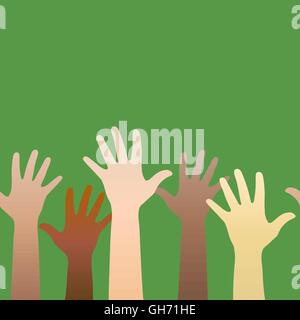 Hands raised up. Concept of volunteerism, multi-ethnicity, equality, racial and social issues. Horizontally seamless. Vector ill Stock Vector