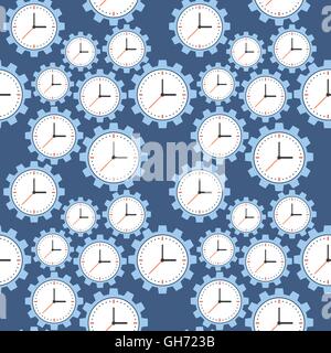 Seamless pattern. Cogwheels and clocks over blue background. Vector Illustration Stock Vector
