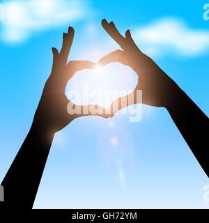 Love shape hand silhouette in sky. Concept vector illustration Stock Vector