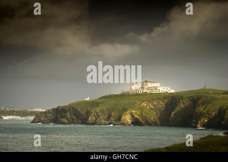 Storm clouds gathering over the Atrantic Hotel in Newquay, Cornwall. Stock Photo