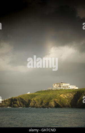 Storm clouds gathering over the Atlantic Hotel in Newquay, Cornwall. Stock Photo